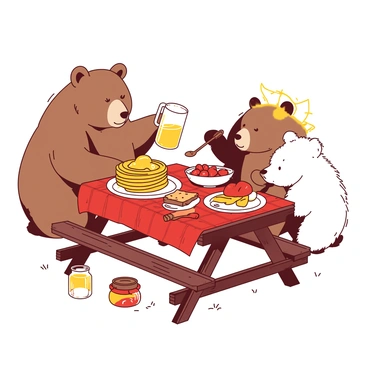 Three bears are sitting around a wooden picnic table outside, enjoying a hearty breakfast. The first bear, a large brown bear, is reaching for a plate piled high with golden pancakes topped with syrup. The second bear, a smaller black bear, is pouring orange juice from a glass pitcher into a cup. The third bear, a fluffy white bear, is holding a spoon and is about to dig into a bowl of fresh berries. The table is adorned with a red checkered tablecloth, and there are various breakfast items scattered around: a bowl of eggs, a jar of honey, and a stack of toast. Sunlight dapples the scene, creating a warm atmosphere.