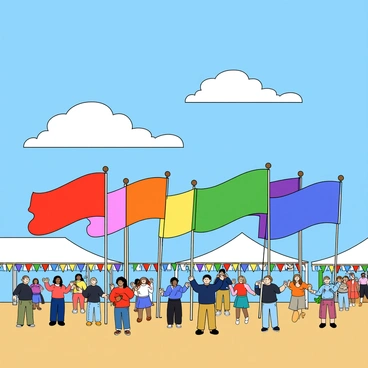 A lively festival scene with a bright blue sky and fluffy white clouds. There are 8 colorful flags displayed prominently, each flag featuring a different vibrant color and design. Seven of the flags are waving energetically in the wind, creating a sense of movement and excitement. The eighth flag stands still, perfectly vertical, symbolizing the concept of 8/7. In the background, there are people celebrating, some dancing and others enjoying festive decorations around them. The ground is adorned with colorful bunting, adding to the cheerful atmosphere of the festival.