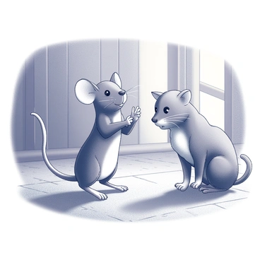 A small field mouse stands upright on its hind legs, with its tiny paws raised slightly in a defensive posture. The mouse has large round ears and bright eyes, displaying a mixture of bravery and caution. In front of the mouse, a gentle cat with a soft expression crouches down, its head tilted slightly, showcasing its curiosity. The cat has a fluffy body and a long tail that curls behind it. The barn surroundings are rustic, with wooden beams and hay scattered on the floor. Sunlight filters through the gaps in the barn walls, casting soft shadows on the ground.