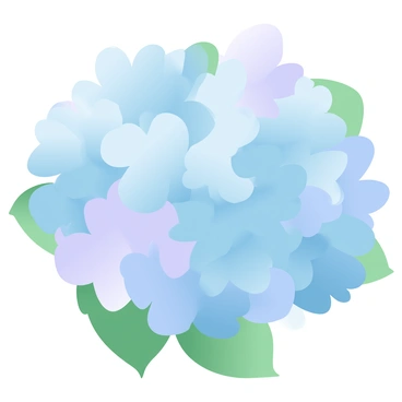 A cluster of hydrangea flowers with large, round petals in varying shades of blue and purple is depicted. The petals are shown slightly lifted as if caught in a gentle breeze, creating a sense of movement. Surrounding the hydrangeas, green leaves provide a lush backdrop, enhancing the vibrancy of the flowers. The scene captures the delicate nature of the petals, emphasizing their soft textures and colors.