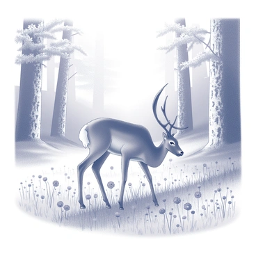 A roe deer is grazing in a forest meadow. The deer has a delicate frame, with slender legs and a graceful posture. It is surrounded by an expanse of wildflowers with various shapes and sizes. The meadow is dotted with tall grasses, and the sunlight filters through the tree canopy above, casting gentle light across the scene. The background features a mix of trees with textured bark and lush foliage, creating a natural, serene setting.