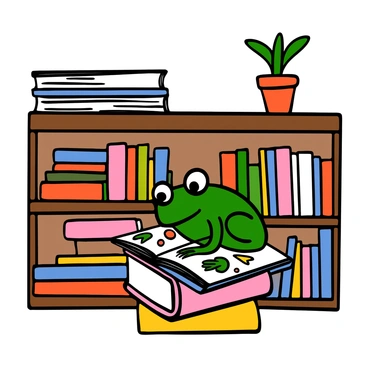 A green frog with big eyes is sitting on a small stack of colorful books in a cozy bookstore. The frog is leaning forward, curiously looking at an open book with vibrant illustrations. Soft, warm light fills the space, casting gentle shadows on the wooden shelves lined with various books. Some books are stacked haphazardly, while others are neatly arranged. A small potted plant sits on a nearby shelf, adding a touch of greenery to the scene.