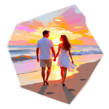 A couple walking hand-in-hand along the beach during sunset. The sky is filled with vibrant hues of orange, pink, and purple as the sun sinks toward the horizon. The sand is gently illuminated by the warm light, and the waves are softly lapping at the shore. The couple consists of a man with dark hair wearing a light-colored shirt and shorts, and a woman with long, wavy hair dressed in a flowing sundress. They are smiling and looking at each other as they stroll, with the ocean stretching out behind them.