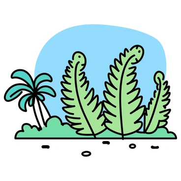 A tropical landscape featuring several towering green ferns with large fronds. The sunlight is bright, casting dappled light patterns on the ground. The scene includes a few palm trees in the background, adding to the lush greenery. The sky is a clear blue, enhancing the vibrant colors of the foliage.