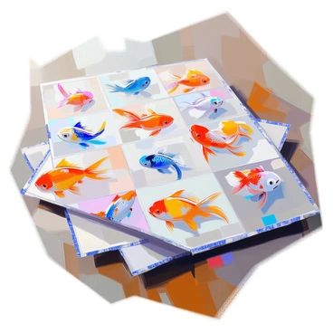 A quilt featuring a patchwork design composed of various fish patterns reminiscent of a bygone era. Each square of the quilt showcases different types of fish, such as vivid goldfish, graceful koi, and ornate tropical fish, all intricately detailed. The colors used in the patches include rich blues, sunny yellows, and vibrant reds, creating a lively visual contrast. The quilt is laid out flat on a wooden surface, with a soft, natural light highlighting the textures of the fabric and stitching. The edges of the quilt are slightly frayed, adding a touch of history to the piece.