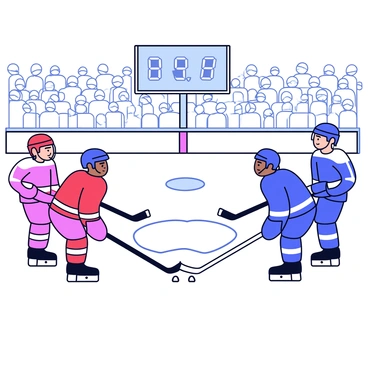 Two ice hockey teams standing at the center of a rink, facing each other with focused expressions. Each team wears distinct uniforms, one team in bright red jerseys and the other in deep blue jerseys. The players crouch slightly, preparing for the faceoff, with their hockey sticks positioned on the ice. The rink has clear markings for the faceoff circle, and the surrounding stands are filled with cheering fans. A large scoreboard hangs above, displaying the score and time remaining in the game.