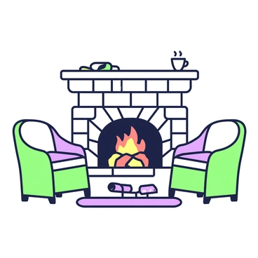 A fireplace is built into a stone wall, with a wooden mantle above it. Inside the fireplace, there are crackling logs that emit orange and yellow flames. The flames flicker and dance, casting warm light around the room. To the sides of the fireplace, there are two comfortable armchairs with soft cushions. A patterned rug lies in front of the fireplace, adding warmth to the setting. A small table stands between the chairs, holding a steaming mug.