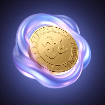 A coin that appears to be floating mid-air, with intricate engravings on its surface. The coin has a shiny gold finish that reflects light in various angles. Surrounding the coin is a swirling, luminous magical aura that is composed of soft blues and purples, giving off a gentle glow. The aura has wispy tendrils that extend outward, creating an enchanting atmosphere around the coin. The background is subtly blurred to emphasize the coin and the magical aura surrounding it.