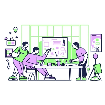 Multiple illustrators working together in a vibrant shared studio