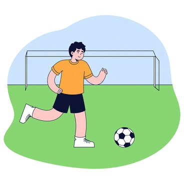 A young athlete stands on a green soccer field, wearing a bright orange soccer jersey and black shorts. They have short dark hair and are focused on a soccer ball positioned in front of them. The athlete shifts their weight slightly, contemplating whether to pass the ball to a teammate or take a shot at the goal. A subtle glowing aura surrounds the athlete, highlighting their intense concentration and instinct. In the background, there are goal posts and a clear blue sky.