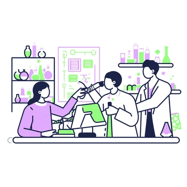 A group of scientists is working intently in a laboratory. One scientist is examining a DNA strand through a microscope, while another is analyzing data on a computer screen. There are shelves filled with equipment and lab supplies in the background, including beakers containing colorful liquids and test tubes arranged neatly. A whiteboard features diagrams related to gene therapy, with notes and arrows pointing to specific sections. The atmosphere is bustling with focus and collaboration as the researchers discuss their findings, pointing at the whiteboard and exchanging ideas.