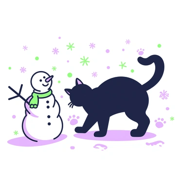 A black cat is playing in the snow, its fur contrasting against the white ground. The cat is crouched low, with its tail flicked playfully in the air. Around the cat, numerous snowflakes are falling gently, some landing on its back. Nearby, a tiny snowman stands, complete with a small stick for an arm and a pebble for a nose. The scene captures the joy of winter, with the cat's playful demeanor highlighting its curiosity. The snow is fluffy and undisturbed in some areas, with paw prints leading up to the cat's position.