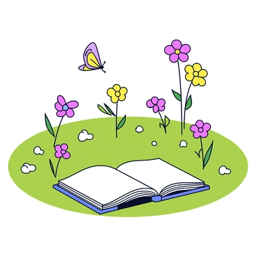 A sunny meadow with bright green grass stretching across the landscape. Colorful wildflowers in various shades of yellow, pink, and purple are blooming throughout the meadow. An open book lies flat on the ground, its pages fluttering slightly in the breeze. From the pages of the book, wildflowers are growing, their stems and blooms reaching upwards towards the sunlight. Several butterflies in vibrant colors are gracefully flitting around the meadow, adding a lively touch to the scene.