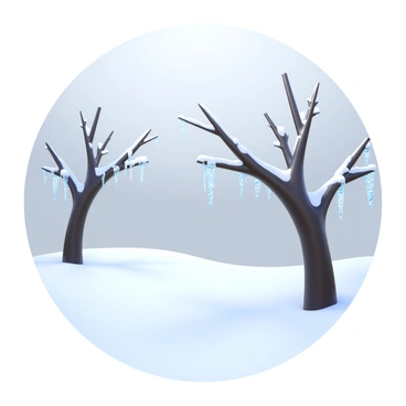 Delicate ice formations hanging from tree branches in a winter landscape. The branches are bare, glistening with icicles that catch the light. Snow blankets the ground in a soft, white layer, creating a serene atmosphere. The scene is devoid of any human presence, emphasizing the untouched beauty of nature. The sky is overcast, hinting at more snowfall to come.