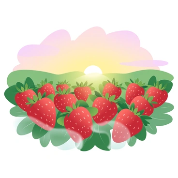 A field of vibrant red strawberries is spread out under a golden sunrise. The strawberries are plump and juicy, with bright green leaves surrounding them. A soft mist lingers over the field, creating a gentle haze in the early morning light. The sky is filled with gradient pastel colors, transitioning from deep orange near the horizon to soft pink higher up. The sun is just peeking over the horizon, casting a warm glow that highlights the berries and the lush green landscape.