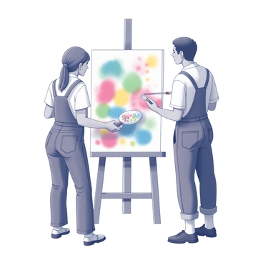 Two artists, a man and a woman, are standing side by side in front of a large canvas. The man has short hair and is wearing a casual shirt, holding a paintbrush in his right hand while applying vibrant strokes of paint to the canvas. The woman, with long hair tied back, is wearing overalls and is holding a palette in her left hand, mixing colors. They are actively engaged in their work, with paint splatters visible on their hands and clothing. The canvas displays a colorful abstract composition, showcasing their collaborative effort. The scene conveys a sense of teamwork and creativity.