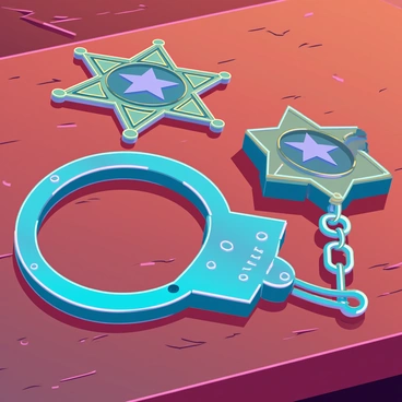 A pair of vintage handcuffs made of tarnished metal, displaying intricate engravings and a slightly rusted finish, rests on a polished wooden table with a warm, rich hue. Next to the handcuffs, there is an old sheriff badge made of brass, showing signs of wear and age with a faded star emblem. The badge reflects soft light, highlighting its details and giving it a nostalgic appearance. The wooden table surface has a texture that reveals its history, with visible grain patterns and scratches that add character to the scene.