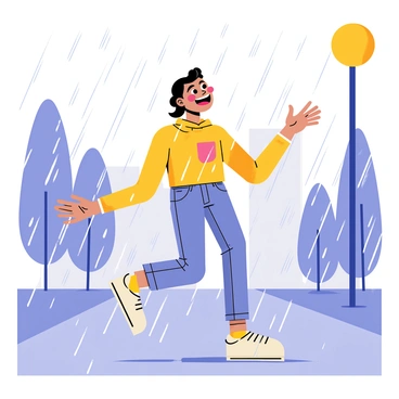 A person dressed in colorful clothing is joyfully singing and dancing in the rain. Water droplets are visibly splashing around them as they move. They are illuminated by a bright streetlamp, casting a warm glow on the wet pavement. The background features blurred outlines of trees and buildings, enhancing the lively atmosphere of the scene. The person has a big smile on their face, expressing happiness and freedom as they embrace the rain.