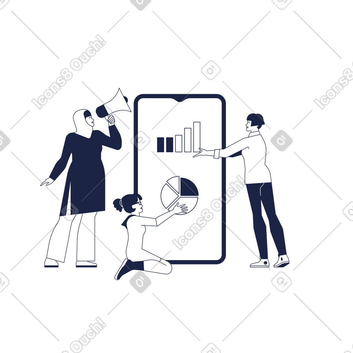Urban Line スタイルの 3 人の女性マーケターとビジネス分析が画面に表示されたスマートフォン のイラストをPNG、SVG形式でダウンロード