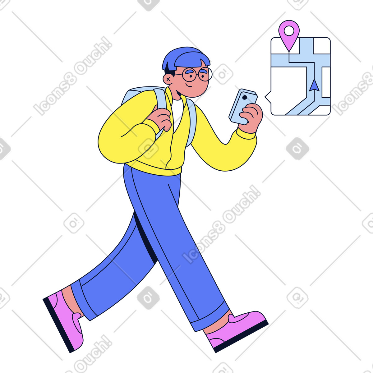 Illustration animée Jeune homme utilisant le système de navigation en marchant dans style Flexy à télécharger aux formats GIF, Lottie (JSON), AE