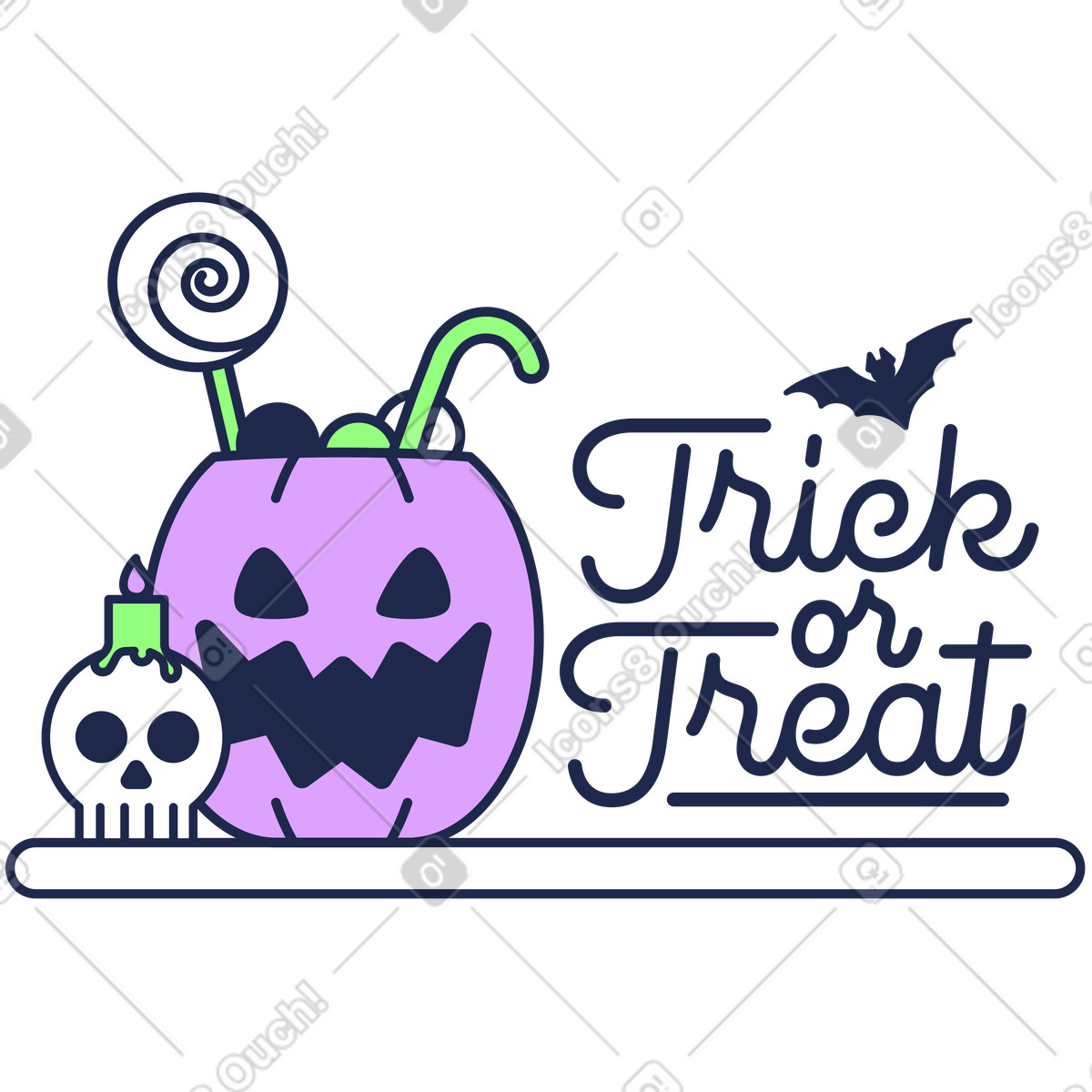 Purple pumpkin bucket with candy and skull candle, Halloween trick or treat sign illustrazione in stile Outline scarica in PNG, SVG
