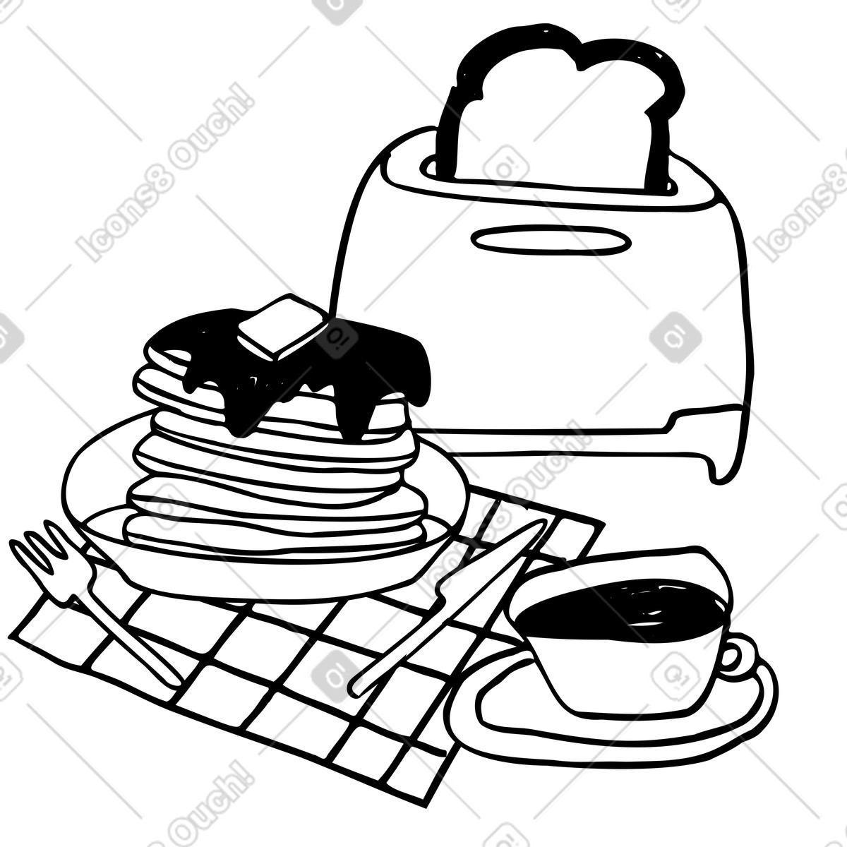 Prima colazione con pane tostato, pancake e tazza di caffè illustrazione in stile Marks scarica in PNG, SVG
