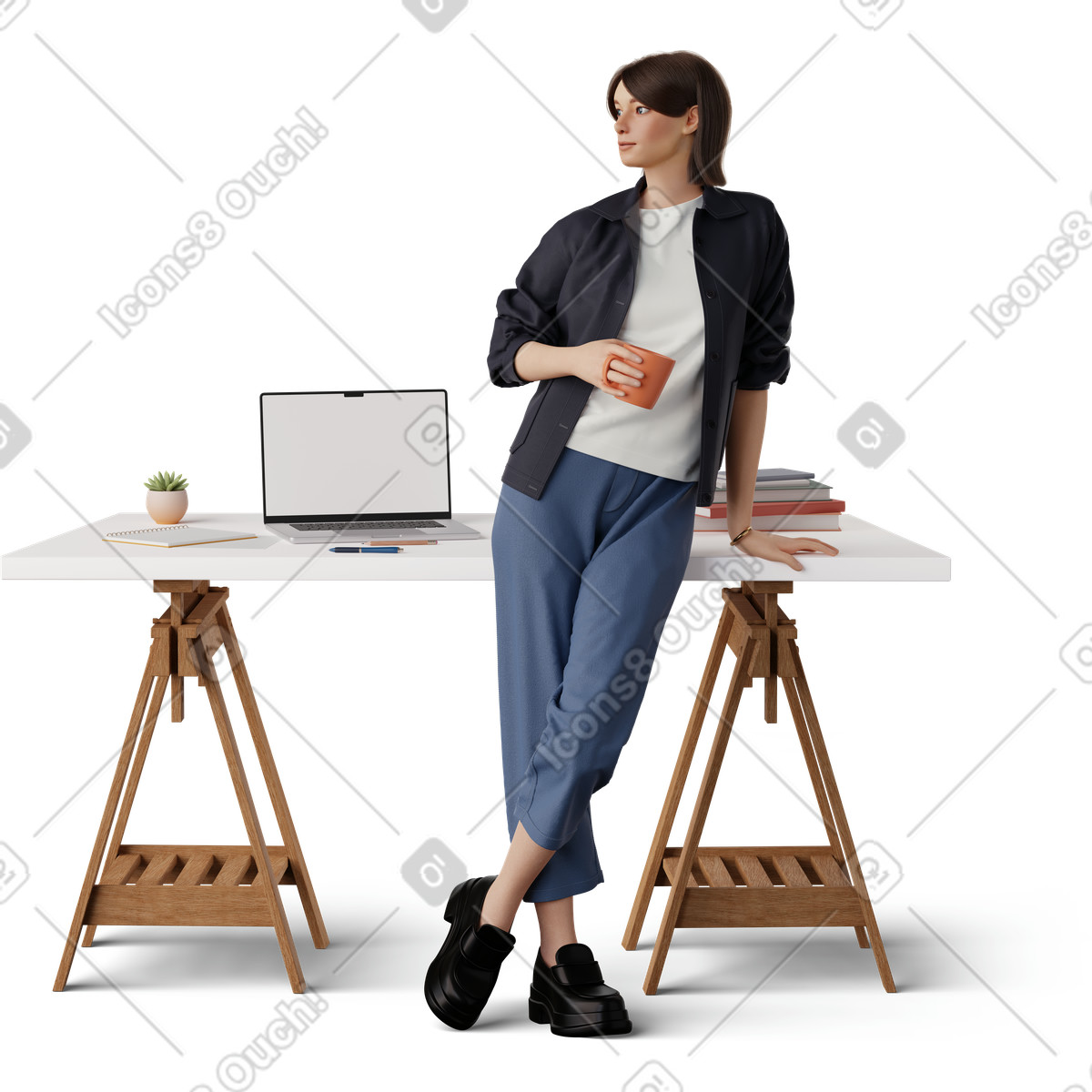 Young woman with cup in hand leaning on table illustration 3D Hygge style download PNG, SVG