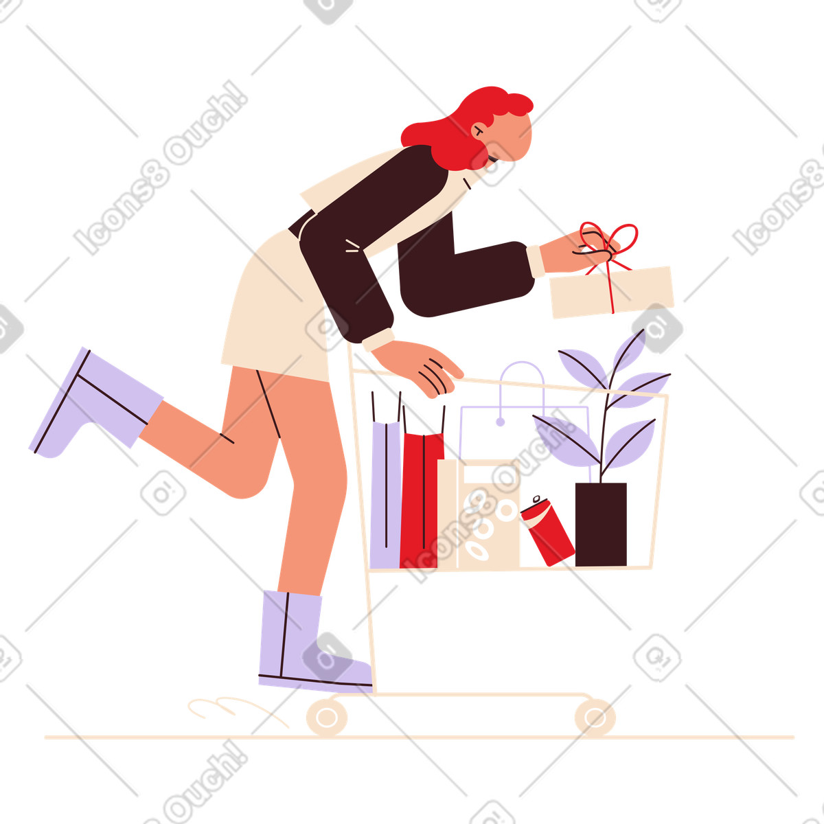 Shopper pushing cart with gifts and products, Holiday shopping discount event illustration in Folks style download in PNG, SVG