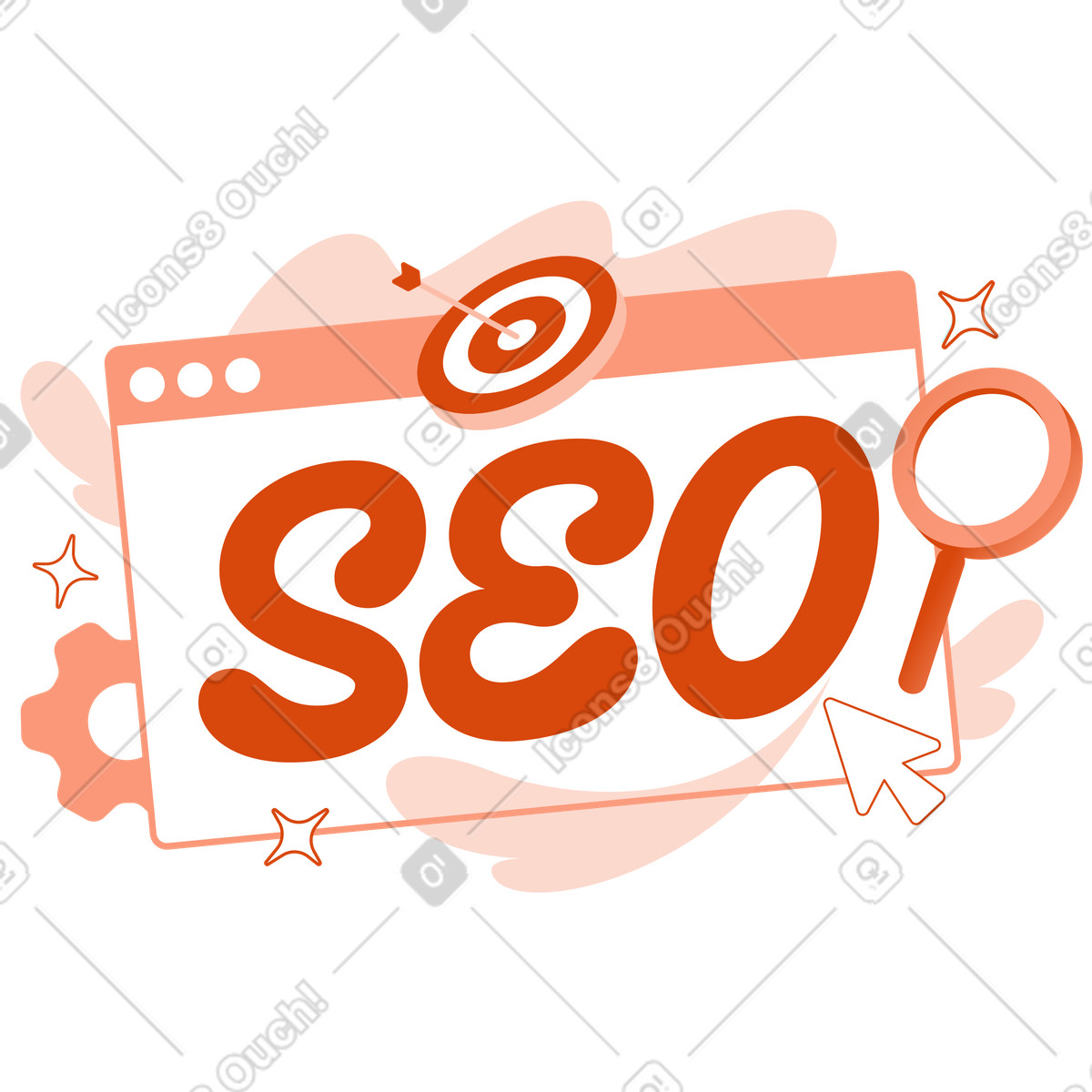 Ilustración Rotulación seo con texto de objetivo, lupa y engranaje en estilo Orange a descargar en PNG SVG