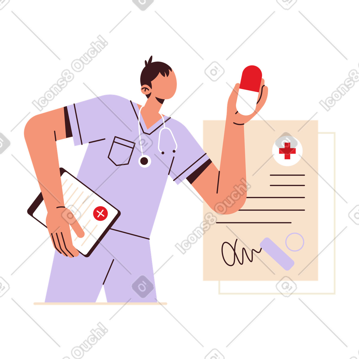 Ilustração de Médico com comprimidos e prescrevendo remédios em no estilo Folks para baixar em PNG, SVG