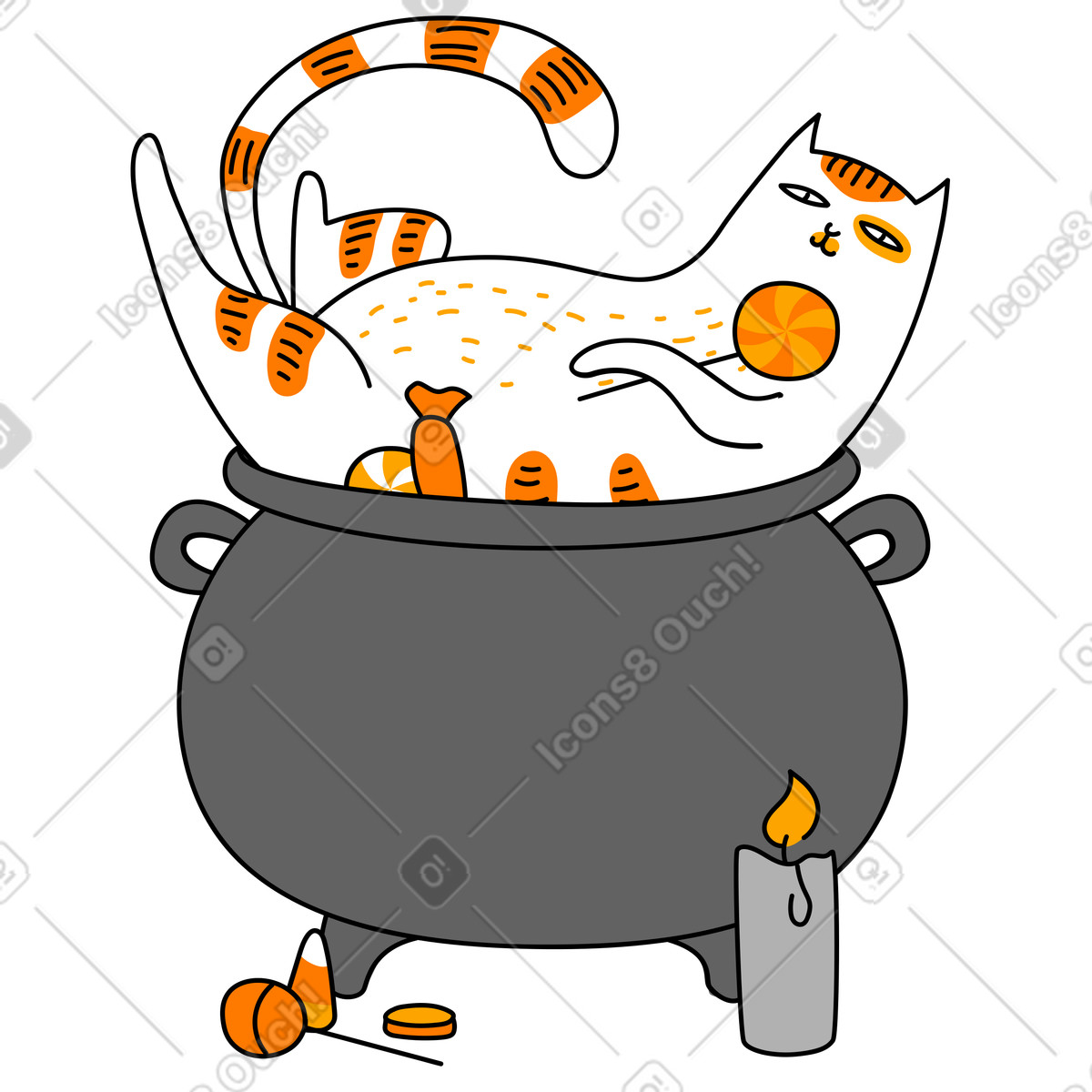 Halloween cozy mischief, lazy cat in candy cauldron illustration Purr style download PNG, SVG