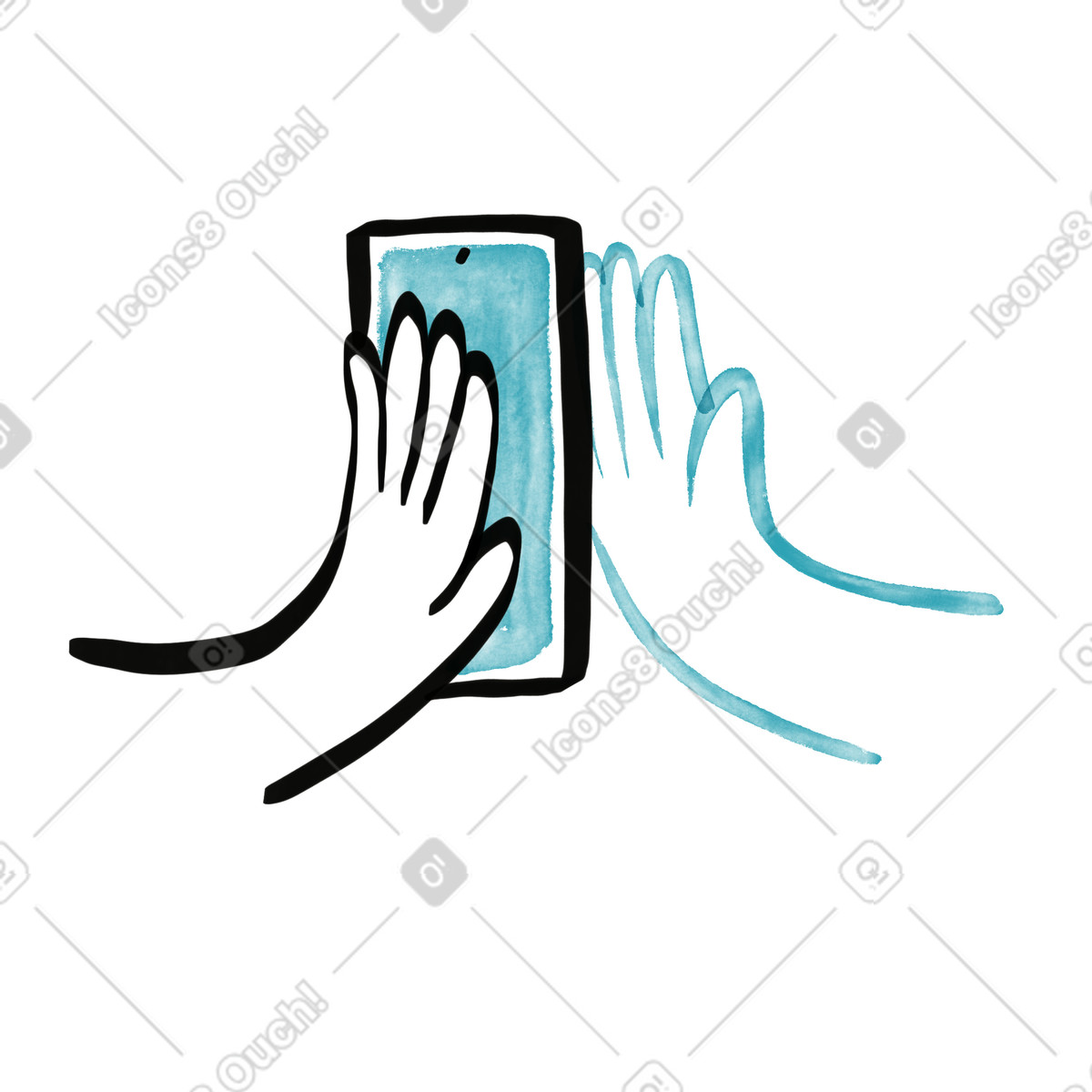 Hands touching through smartphone screen expressing long distance emotional connection-Illustration im Watercolor sketch-Stil als Download in PNG, SVG