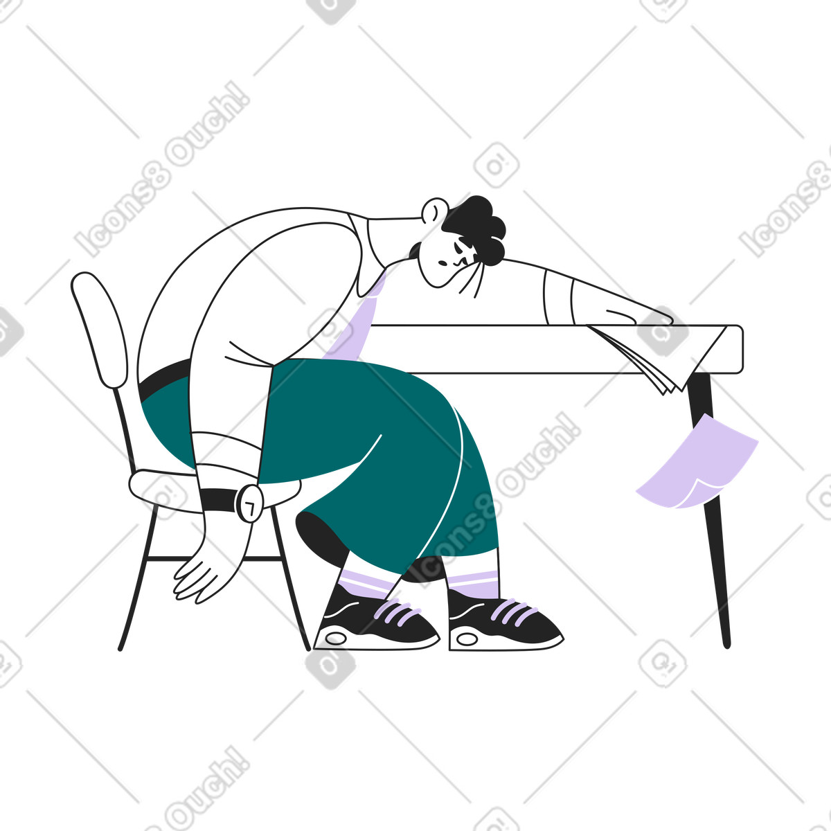 Tired office worker napping on chair at work, A call to take break illustration in Sammy Line style download in PNG, SVG