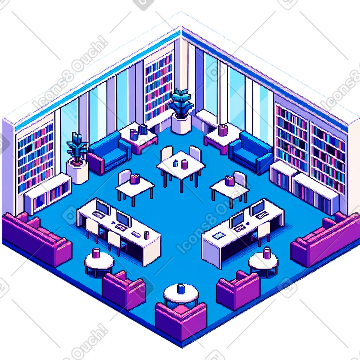 Illustration Salle de lecture à la bibliothèque moderne dans le style Rooms télécharger aux formats PNG, SVG