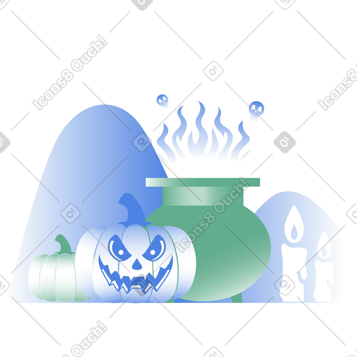 Ilustración Adornos de halloween, velas, calabazas y caldero. en estilo Network a descargar en PNG SVG
