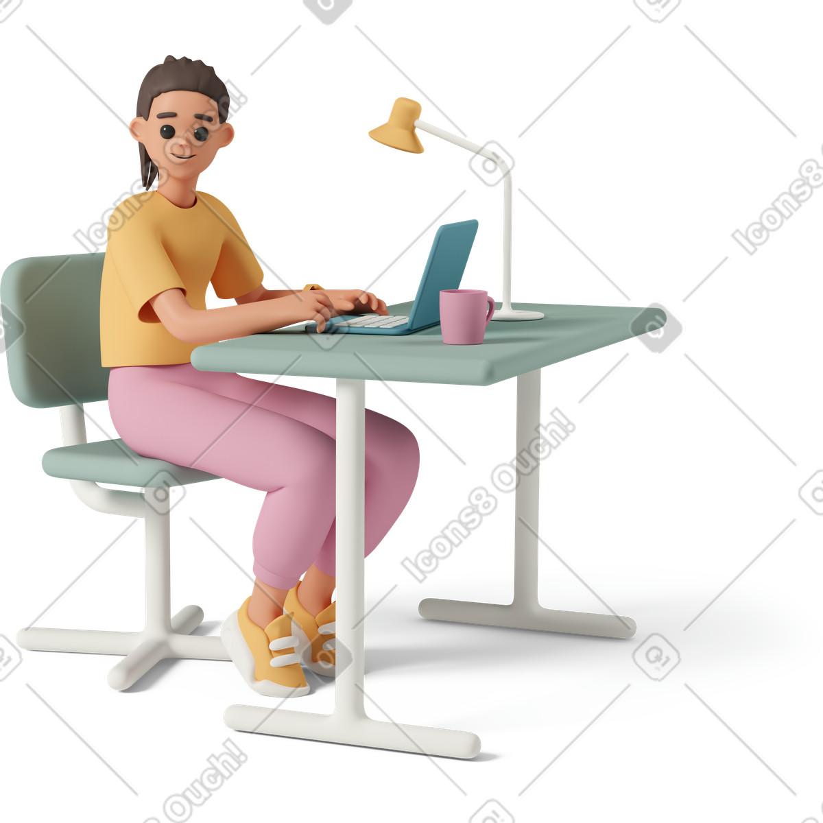 3D Casual life 스타일의 Three-quarter view of young woman working on laptop 일러스트레이션 PNG, SVG 다운로드