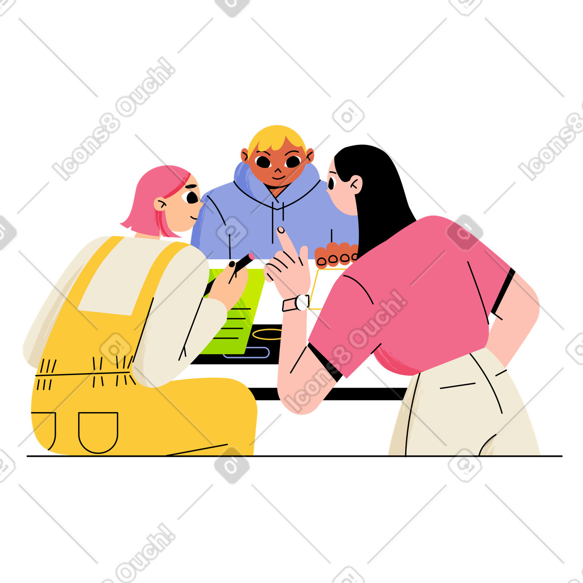 Team bespricht das projekt animierte Illustration im Juicy-Stil als Download in GIF, Lottie (JSON), AE