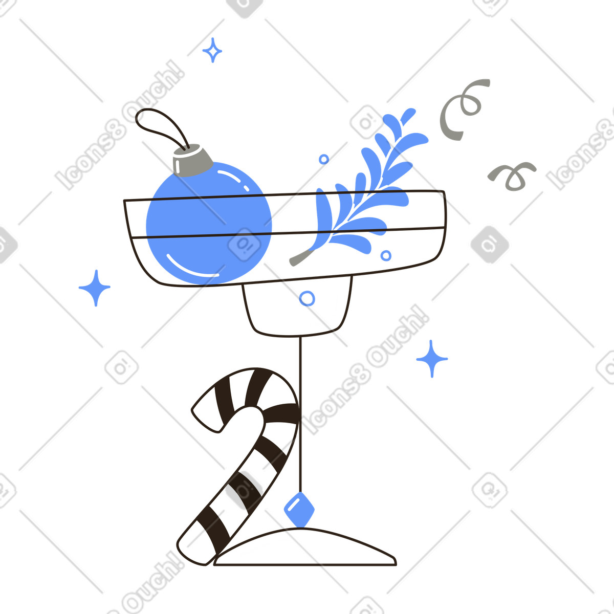 Copa de cóctel con adorno y bastón de caramelo, decoración festiva para bebidas navideñas. illustration in PNG, SVG