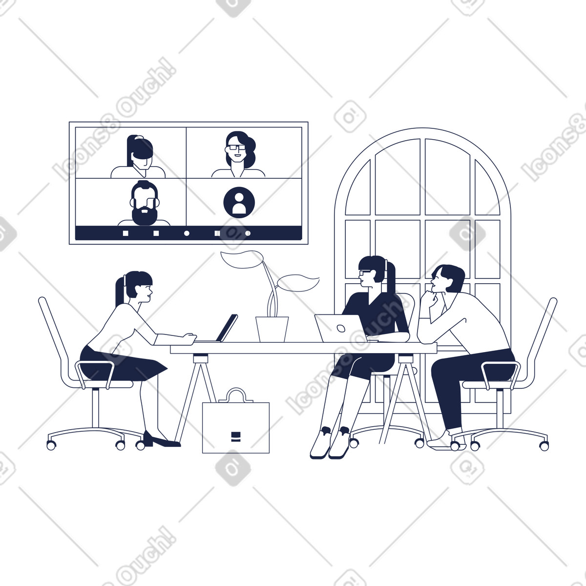 Illustration animée Office staff attending online meeting, Remote teamwork session dans le style Urban Line à télécharger aux formats GIF, Lottie (JSON), AE