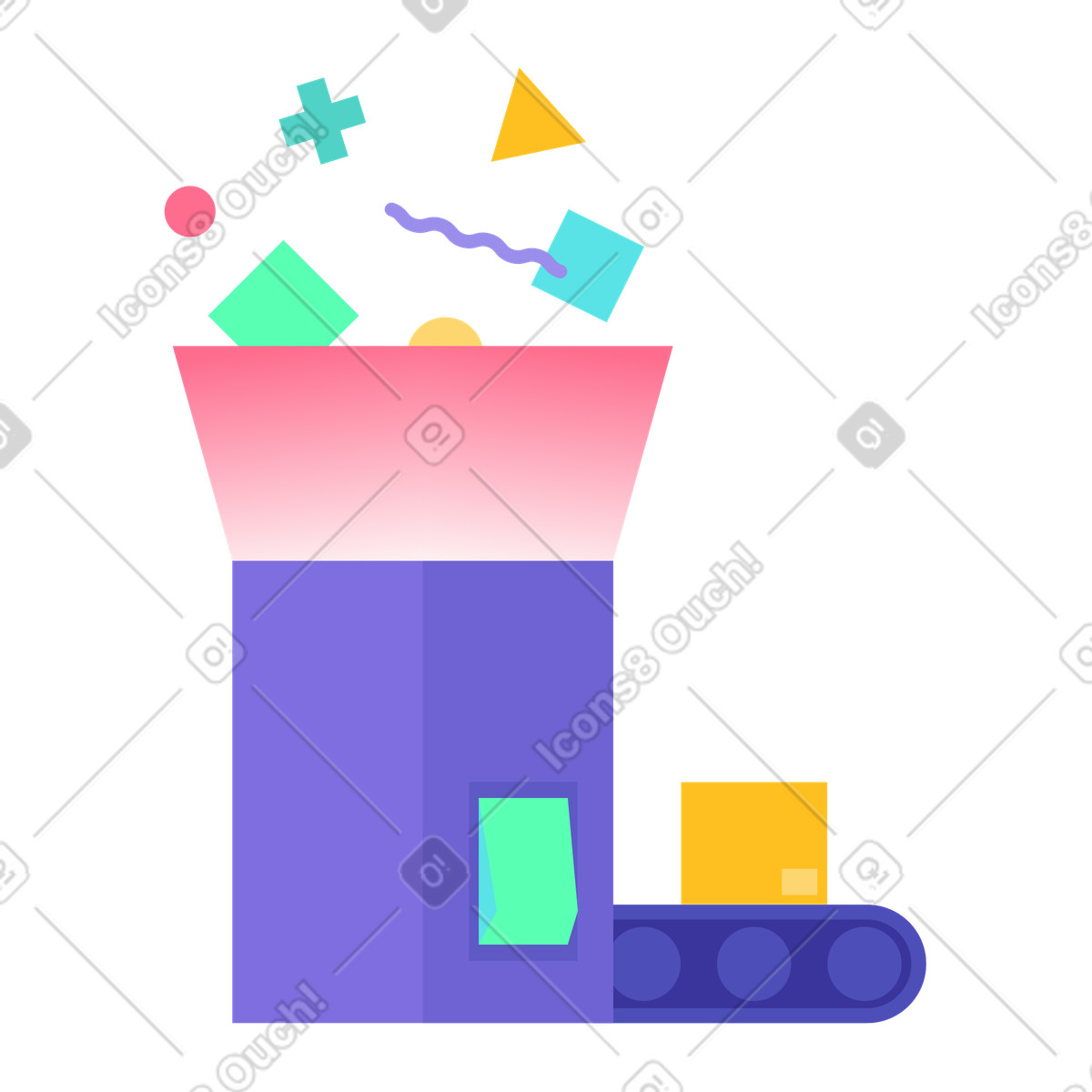 Geometric shapes funneled into processing unit, Automated data transformation process illustration in PNG, SVG