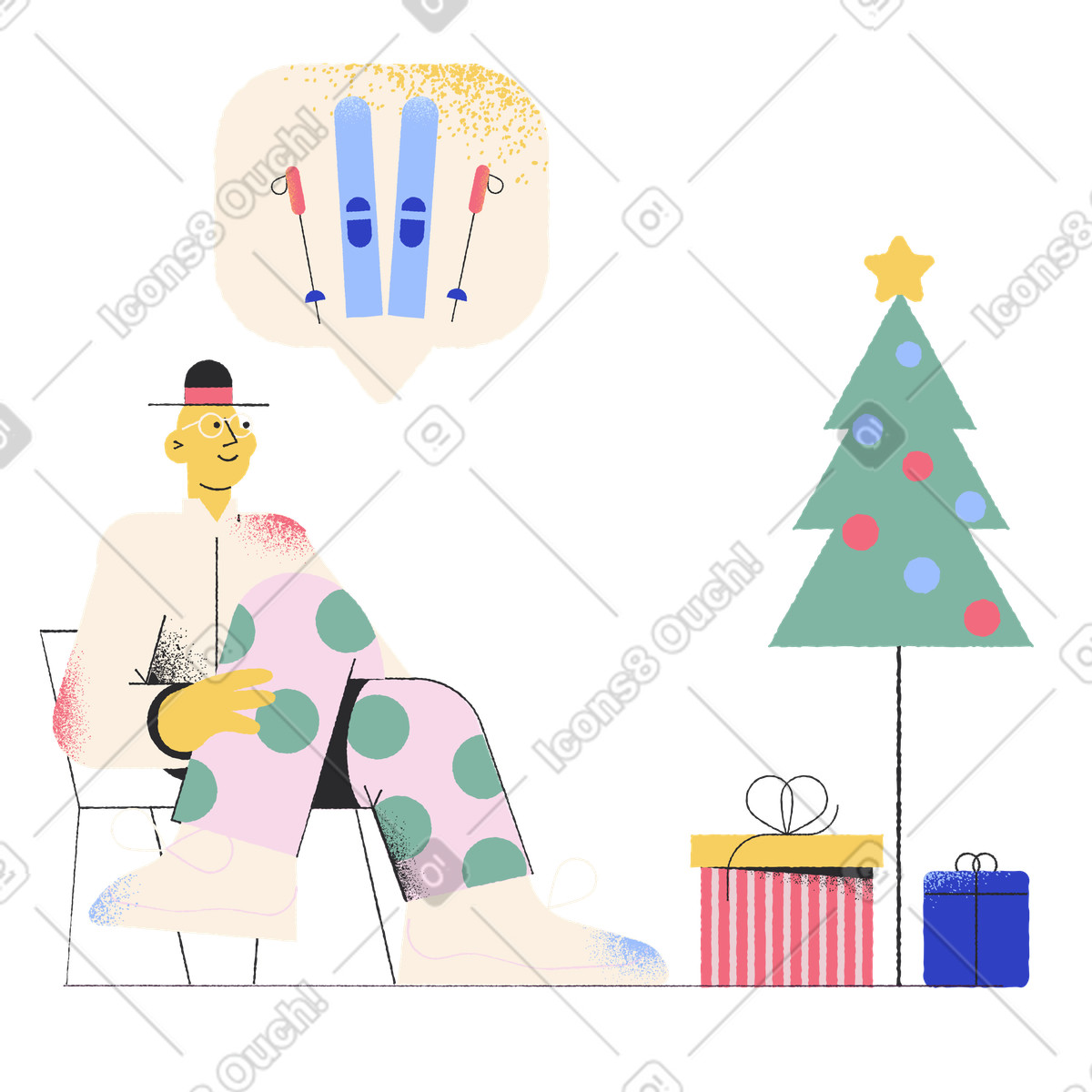 Illustration Homme pensant aux activités hivernales dans le style Pablo à télécharger formats PNG, SVG