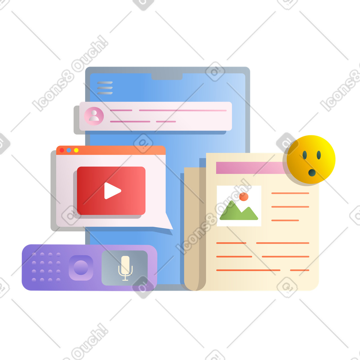 Online journalism with articles and recorder illustration in Silky style download in PNG, SVG