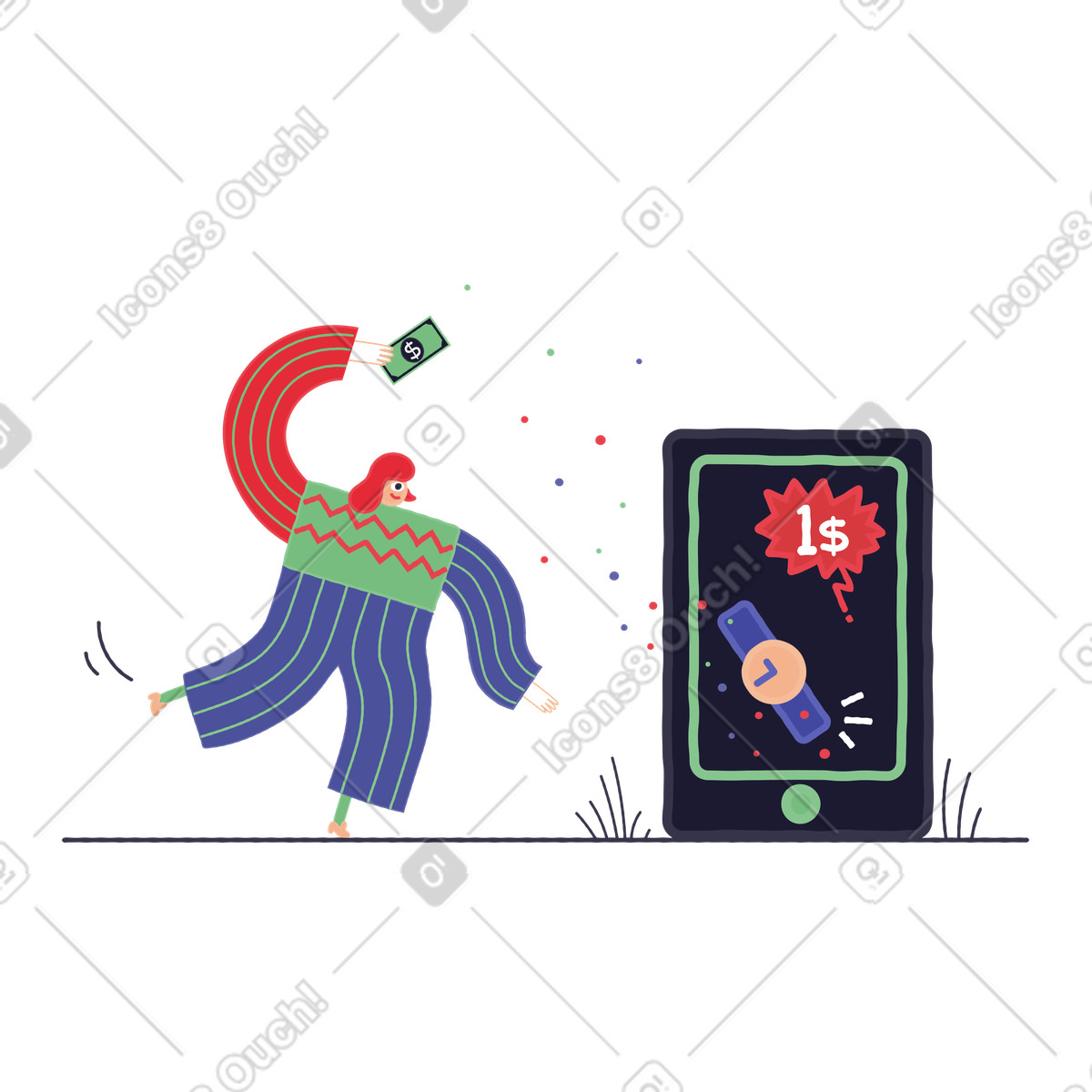 Illustration Une femme achète montre-bracelet lors des soldes du black friday dans le style Stripy à télécharger aux formats PNG, SVG