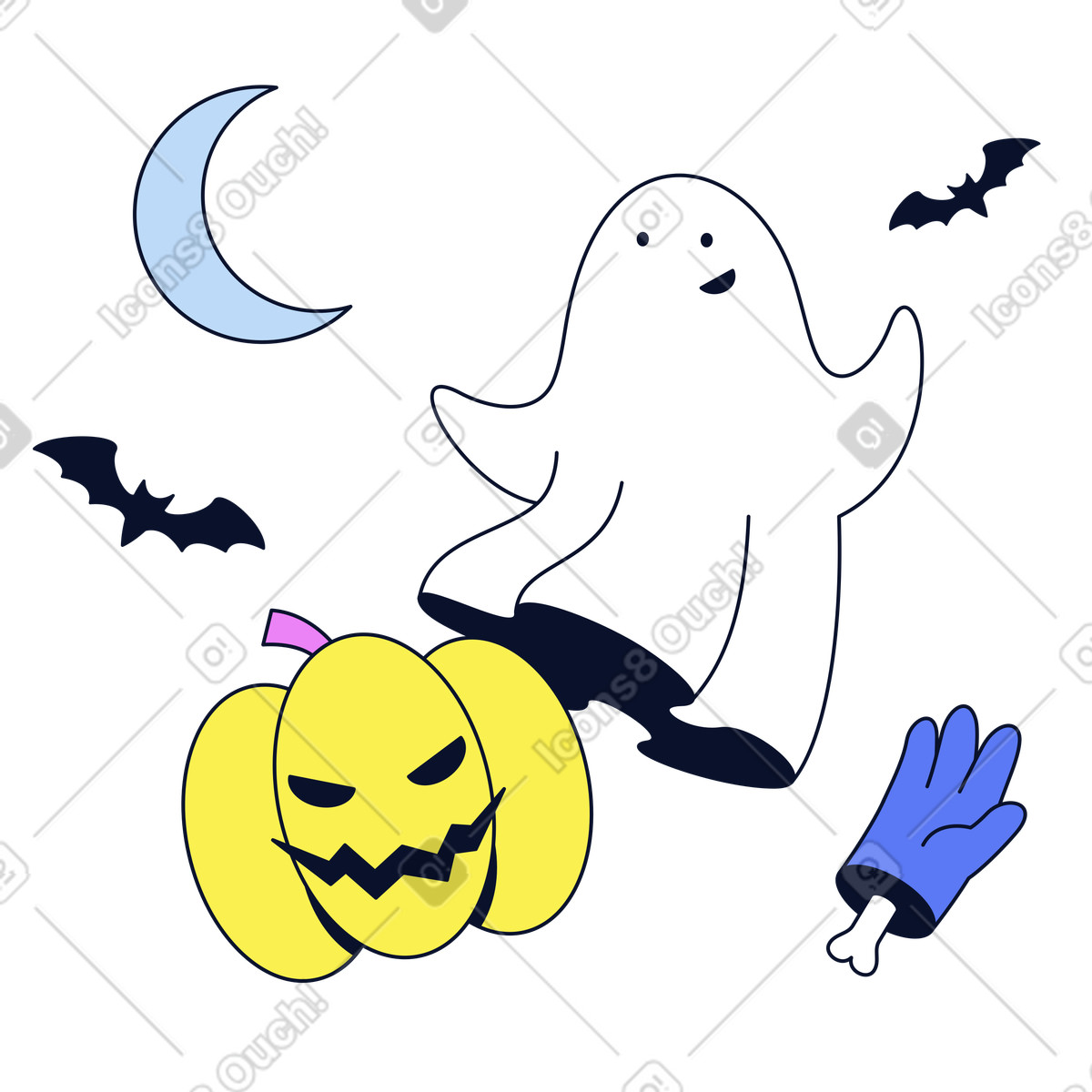 Ilustração animada de Mão fantasma, abóbora e zumbi em no estilo Flexy para baixar em GIF, Lottie (JSON), AE