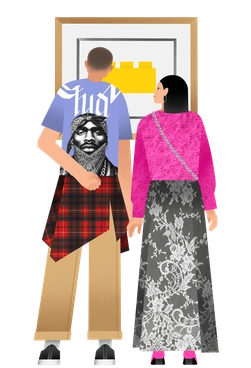 A couple admiring artwork in an art gallery - Patchwork style illustration