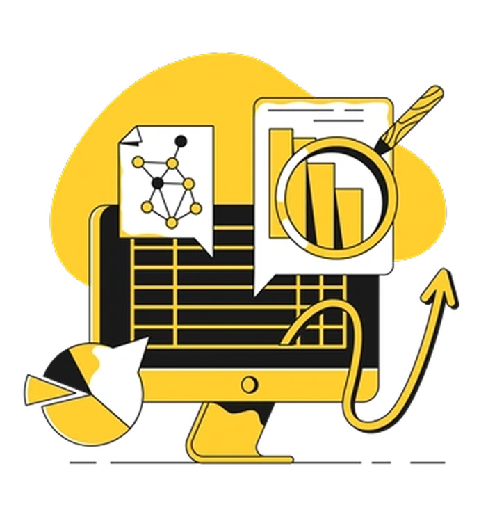 A computer displaying graphs and data analysis - Taxi style illustration