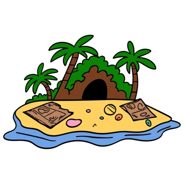 A deserted tropical island with bright green palm trees swaying gently in the breeze. The sandy shore is dotted with colorful seashells and the glimmering turquoise water laps at the beach. Scattered across the sand are several old treasure maps with intricate drawings and markings. In the distance, a hidden cave entrance is partially obscured by dense foliage, suggesting secrets lying within. Sunlight filters through the trees, casting dappled shadows on the ground, creating an adventurous atmosphere.