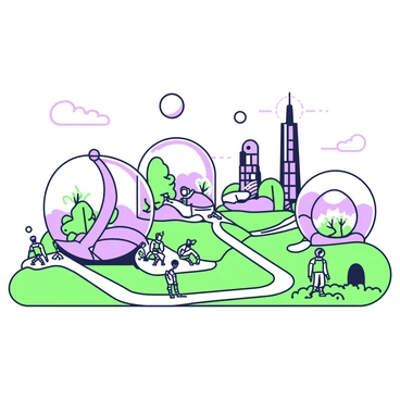 A futuristic space colony is located on a distant planet. It features several domed habitats made of transparent material, each housing greenery such as plants and trees. In the foreground, there are walkways connecting the domes, lined with green grass. Small robots can be seen tending to the plants and walking among the paths. The skyline is dotted with tall structures that provide additional living spaces. Above, two moons can be seen in the sky, casting a soft light over the colony.