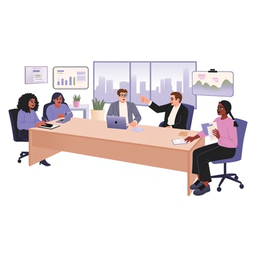 A digital flat illustration depicting a team of four people sitting around a large, rectangular table in a modern office. Two team members are on the left; one is a woman with medium skin and curly black hair wearing a blue blouse, while the other is a man with light skin and short brown hair dressed in a white shirt and gray blazer. The woman is typing on a laptop, and the man is pointing at a tablet facing him. On the right side, another woman has dark skin and braided hair, wearing a pink sweater, holding a stack of papers, while a man with medium skin and glasses is looking at a projector screen displaying graphs. The office has large windows showing a city skyline, and a few potted plants are placed around the space. A whiteboard with sticky notes is visible in the background.