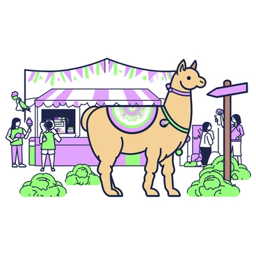 A llama stands in a rural fair setting, adorned with a colorful festive blanket that drapes gracefully over its body. The llama has a light brown fur texture, highlighting the intricate patterns on the blanket. Surrounding the llama, there are stalls decorated with strings of lights and colorful banners. In the background, a few visitors are seen enjoying the fair, some holding cotton candy and others examining handmade crafts. A wooden signpost points towards different attractions, and hay bales are scattered around the area, adding to the fair atmosphere.